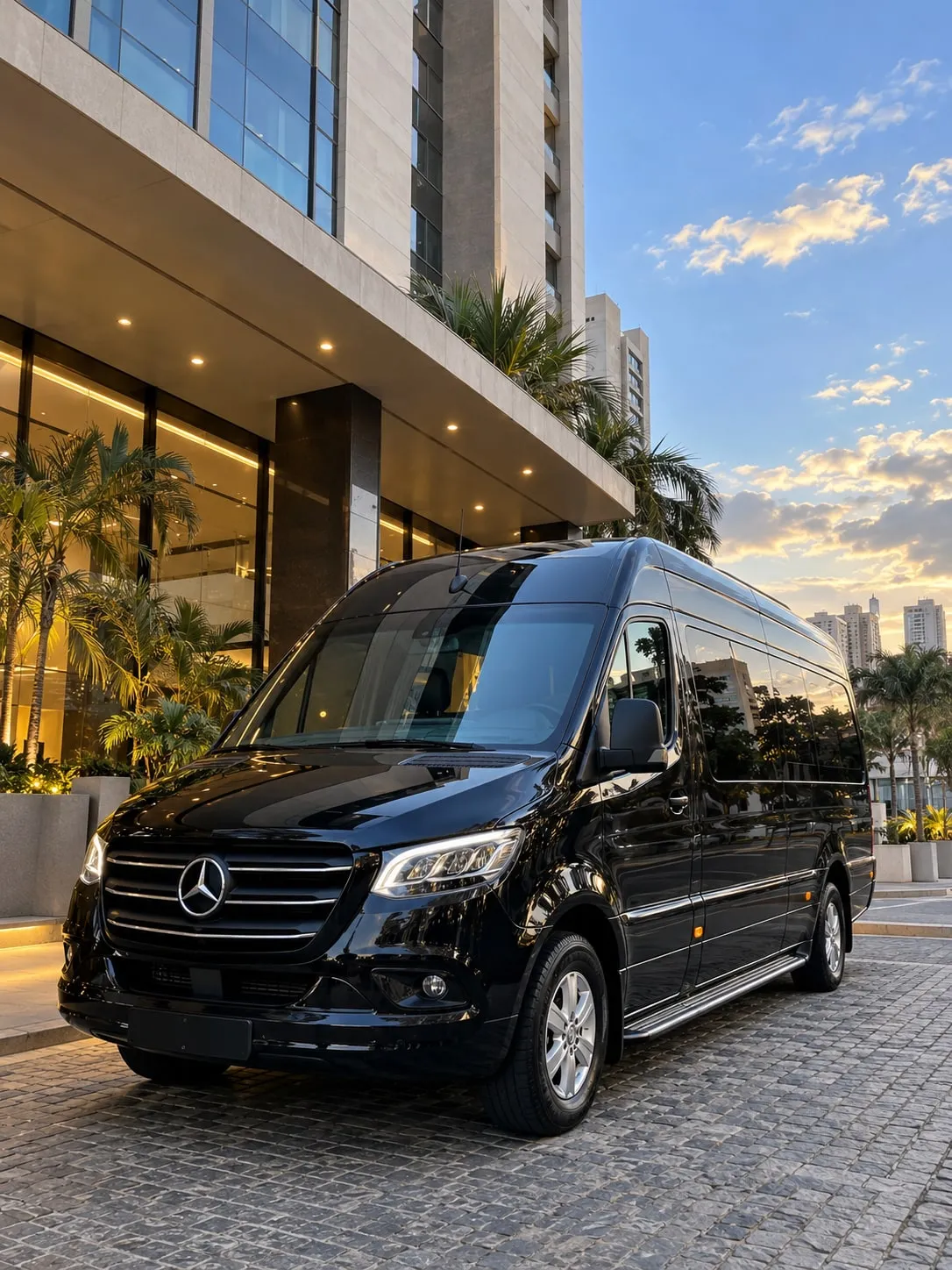 Van Mercedes-Benz Sprinter preta na entrada de um hotel ao entardecer